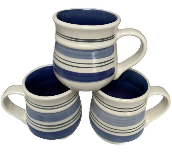 Pfaltzgraff Other - Pfaltzgraff RIO Coffee Cups Set of 3 Stoneware Mugs 2 tone blue stripe Mexico
